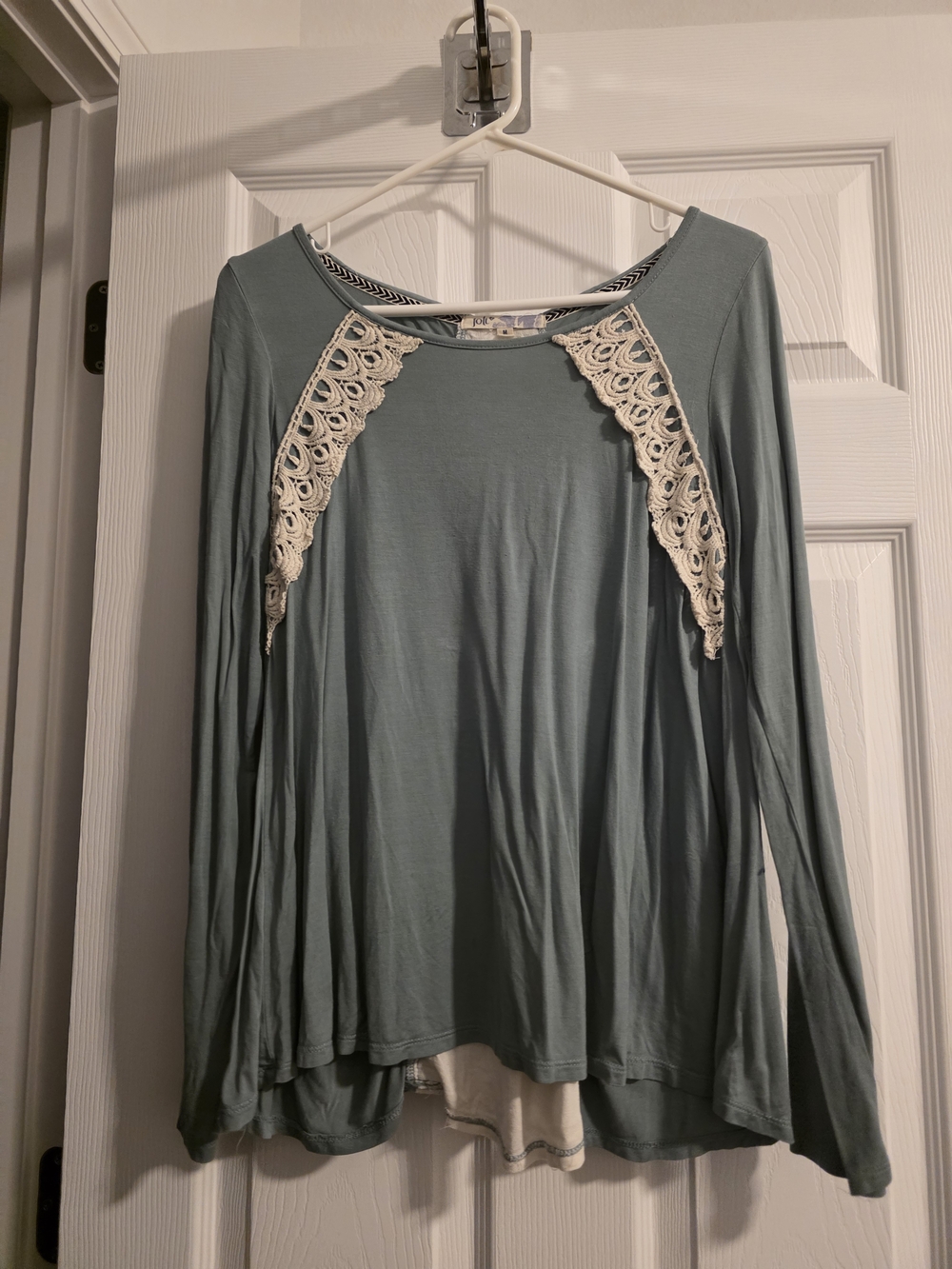 Jolt Sage Green Long Sleeve Top with Cream Lace Trim